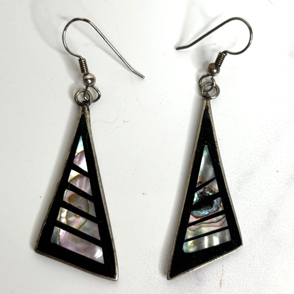 Vintage 80s Alpaca Mexico Abalone Seashell Enamel Geometric Dangle Earrings